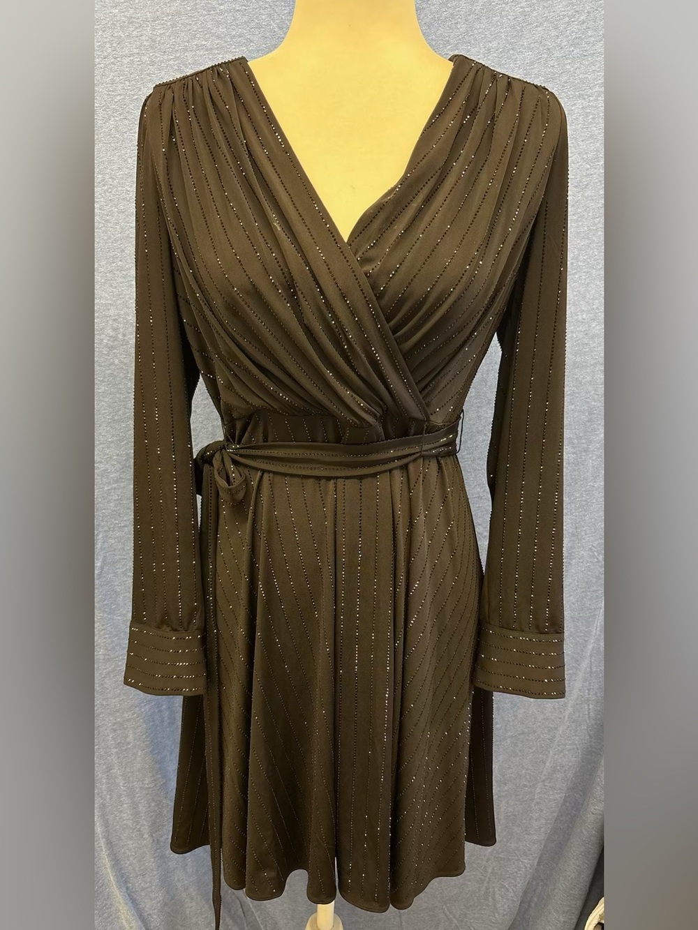 DKNY Women’s V-Neck Wrap Dress in Dark Brown with Metallic Pinstripes